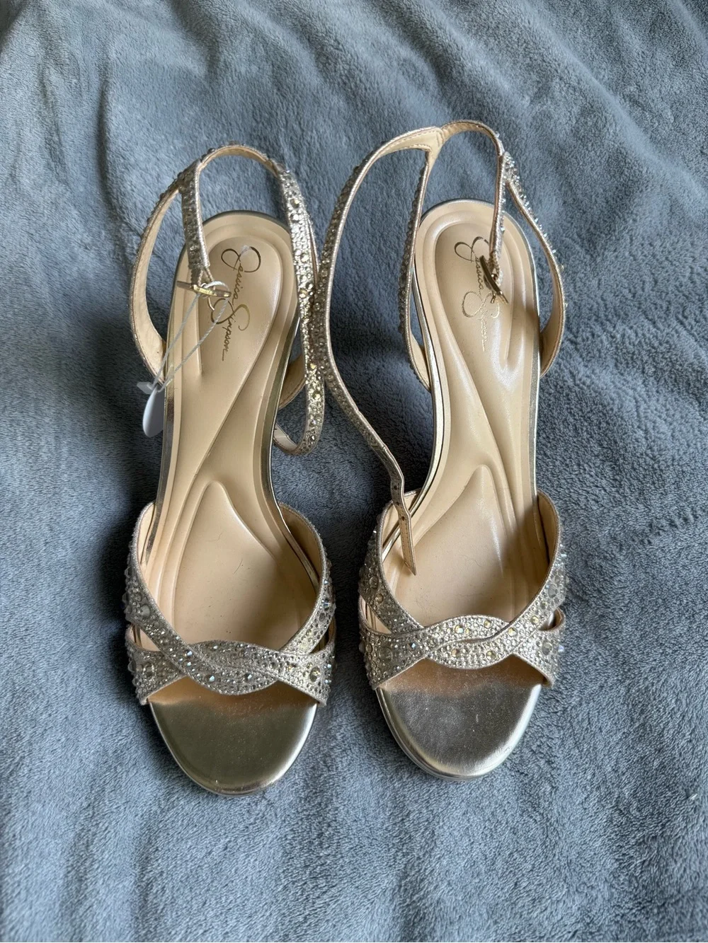 Jessica Simpson Crystal-Embellished Champagne Slingback Heels